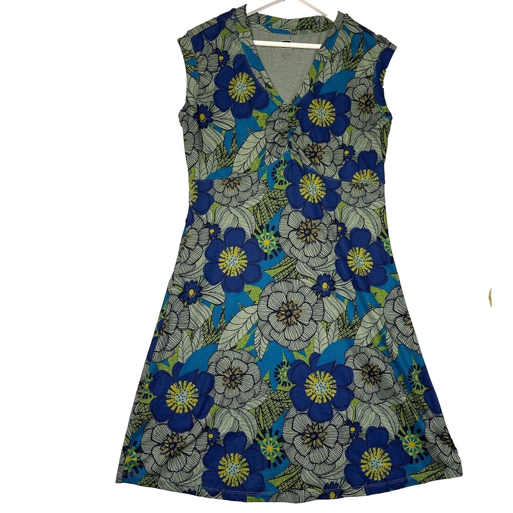 REI Women’s Medium Floral Dress Blue Green V Neck A Line Zip Pockets